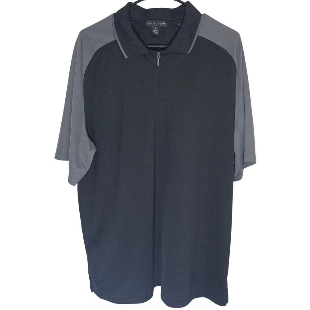 Via Europa‎ Men's Zip Polo Shirt Black Gray XL Casual Sporty Athletic Golf